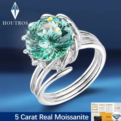 Houtros 3CT 5CT Xanh Moissanite Nhẫn Nữ Bạc 925 Cưới Hoa Sen Kim Cương Đá Quý Nhẫn Kỷ Niệm Trang Sức Viễn Chí Bảo