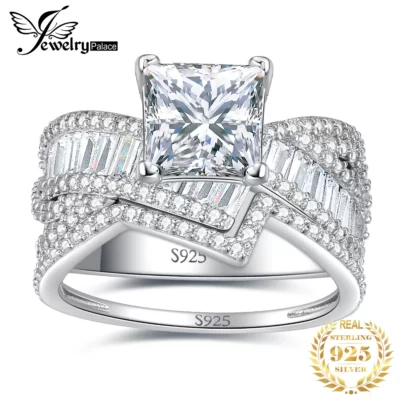 JewelryPalace Mới 2 Chiếc Chắc Chắn Bạc 925 Cưới Nhẫn Đính Hôn Cho Người Phụ Nữ 3.4ct Mô Phỏng Kim Cương AAAAA CZ Cô Dâu Bộ