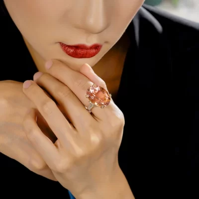Nhẫn bạc S925 sang trọng màu hồng Morgan màu sâm panh trứng bồ câu khảm đá quý màu trang sức cưới dành cho nữ