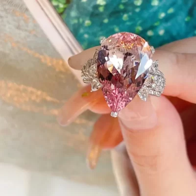 Nữ Cao Cấp Màu Hồng Lớn Thả Kim Cương Đá Quý Nhẫn Có Thể Thay Đổi Kích Thước Trang Sức Charm Bạc 925 Cưới, Nhẫn Dành Cho Nữ