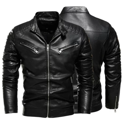 Nam Lông Lót Ấm Áo Khoác Slim Thời Trang Đường Phố Đen Biker Phối Xếp Ly Thiết Kế Dây Kéo Mùa Đông 2023 Áo Khoác Da Màu Đen