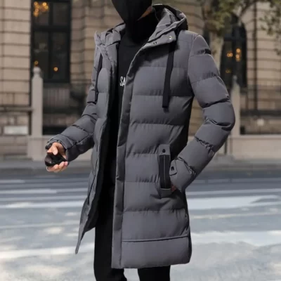 Nam Dài Xuống Áo WinterCotton Đệm Có Mũ Trùm Đầu Dài Tay Dây Rút Trung Dài Áo Gió Để Mặc Hàng Ngày