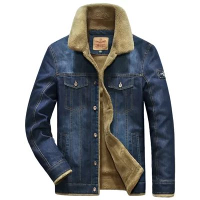 Nam Áo Gió Lông Cừu Dày Mùa Đông Ấm Áp Áo Khoác Denim Nam Áo Khoác Ngoài Jeans Nam Nhiều Túi Da Bò Quần Áo
