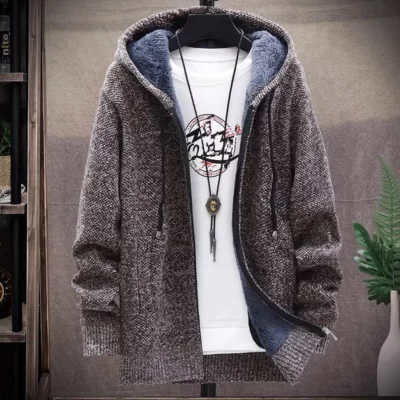 Áo Trùm Đầu Nam Cardigan Áo Len Dệt Kim Mùa Đông Dày Lông Cừu Ấm Áp Cổ Đan Phối Màu Cardigan Nam Có Mũ Áo Len