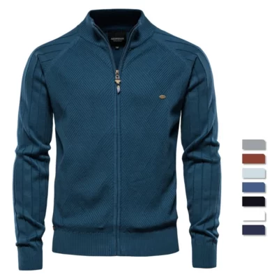 Nam Nam Áo Len Nam Thu Đông Áo Khoác Cardigan Nam Mới Đồng Màu Cao Cổ Dây Kéo Chất Lượng Cao Áo Len Thường Ngày
