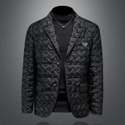 Minglu Trắng Vịt Xuống Áo Blazer Nam Màu Đen Sang Trọng Dệt Màu Đơn Ngực Thu Đông Phong Cách Doanh Nhân Áo Khoác Nam