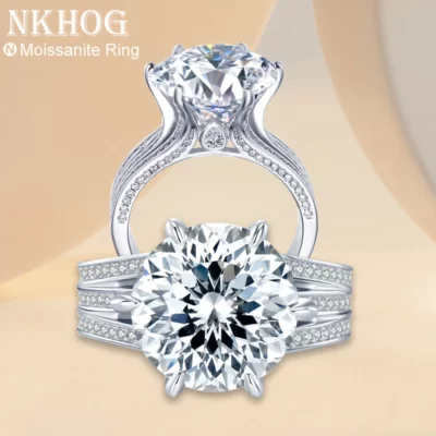 NKHOG Lấp Lánh 10 Carat Moissanite Nhẫn Cho Nữ Mạ Bạc 925 Pt950 Kim Cương Không Màu Cưới Ban Nhạc Nhẫn Trang Sức