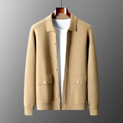 Mới 2023 Mùa Thu Đông Cashmere Cardigan Nam Cổ Polo Áo Len Dài Tay Dệt Kim Phong Cách Doanh Nhân Áo Len Màu Trơn