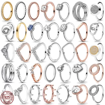 Mới Bạc 925 Tính Khí Xoáy Nhẫn Vương Miện Trái Tim Sáng Bóng Vuông Nhẫn Cưới Nhẫn Pha Lê Trang Sức Charm