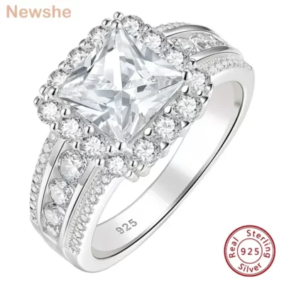 Newshe Chắc Chắn Bạc 925 Cao Cấp Nhẫn Đính Hôn Nữ Hào Quang Công Chúa Cắt 5A Cubic Zircon Cưới Trang Sức BR1827