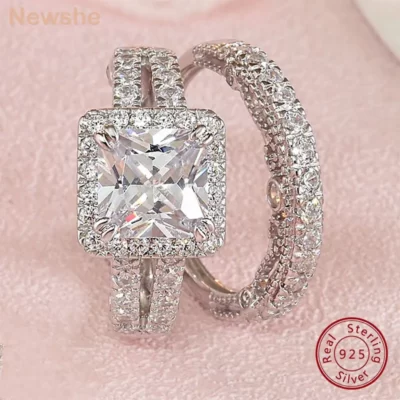 Newshe Vintage Nhẫn Cưới Cho Cho Nữ Bạc 925 4Ct Công Chúa Cắt 5A Cubic Zircon 2 Chiếc Cô Dâu Bộ Trang Sức Viễn Chí Bảo