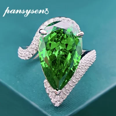 PANSYSEN 100% Bạc 925 Quả Lê Cắt Tsavorite Mô Phỏng Moissanite Kim Cương Kỷ Niệm Cocktail Nhẫn Nữ Trang Sức Viễn Chí Bảo