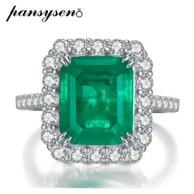 PANSYSEN Cao Cấp 100% Bạc 925 5CT 10*12MM Ngọc Lục Bảo Kim Cương Đá Quý Cho Nữ, Nhẫn Nữ Đảng Mỹ Món Quà Trang Sức bán Buôn
