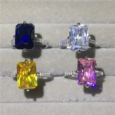 Lãng Mạn Tình Nhân Nhẫn Bạc 925 Vuông 8ct Phòng Sapphire Kim Cương Cz Cưới, Ban Nhạc Nhẫn Cho Nữ Trang Sức Dự Tiệc