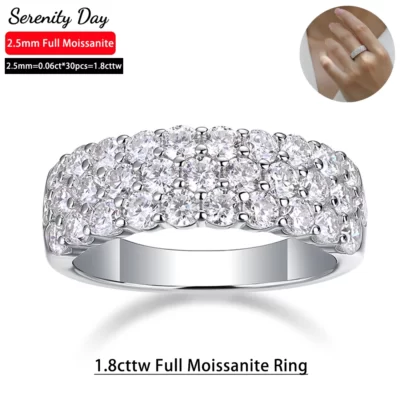 Serenity 1.8cttw D Màu 2.5mm 3 Hàng Full Moissanite Nhẫn Cưới Nữ S925 Bạc Mạ Vàng Trắng 18K Trang Sức Viễn Chí Bảo