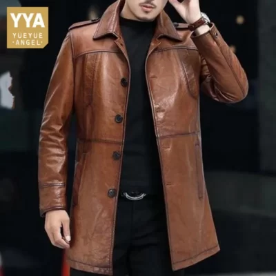 Da Cừu Áo Choàng Đi Mưa Nam Da Thật Dài Cổ Bẻ Ngực Đơn Chắc Chắn Phong Cách Doanh Nhân Mùa Thu Mới Áo Khoác Ngoài