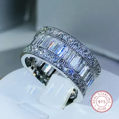 Đơn Giản Thanh Lịch Bạc 925 Chói Mắt Hình Chữ Nhật CZ Zircon Pha Lê Nhẫn Hứa Cưới Nhẫn Đính Hôn Dành Cho Nữ
