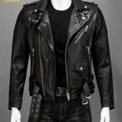 Đường Phố Phong Cách Punk Chính Hãng Áo Khoác Da Nam Cổ Bẻ Slim Đen Ngắn Phối Dây Kéo Nam Da Cừu Xe Máy Áo