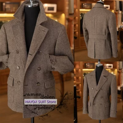 Bộ Đồ Áo Khoác Nam Thắt Lưng Áo Xương Cá Đôi Ngực Vintage Nâu Tweed Nam Thời Trang Phù Hợp Với Áo Khoác Ôm thường Ngày Đi Lại