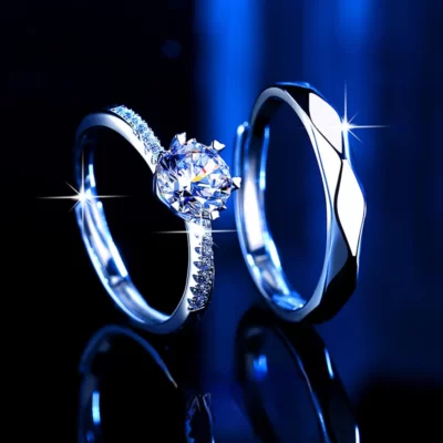 Trumium Mới Moissanite Kim Cương Nhẫn Đôi Nhẫn Cặp 6 Móng Vuốt Cổ Điển Bạc 925 Người Yêu Quà Cưới Mô Phỏng Nhẫn Đứng Kim Cương
