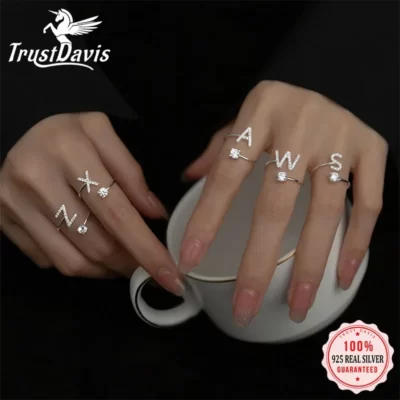 TrustDavis Thật Nữ Bạc 925 Cho Nữ, Nhẫn Nữ DỰ TIỆC CƯỚI Trang Sức 26 Chữ Cái Rõ Ràng CZ Mở Vòng Trang Sức Viễn Chí Bảo DA3121