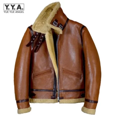 Vintage Cổ Điển Lông Thật Nâu Phi Công Áo Khoác Nam Len Mùa Đông Lót Da Thật Chính Hãng Da Xe Máy Áo Shearling Áo Da Cừu