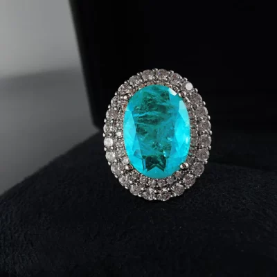 Vintage Hình Bầu Dục 10*14mm Paraiba Đá Quý Tourmaline Cưới Đính Hôn Phòng Nhẫn Đứng Kim Cương Tặng Bộ Trang Sức Nữ Cao Cấp dành cho Nữ Phụ Kiện