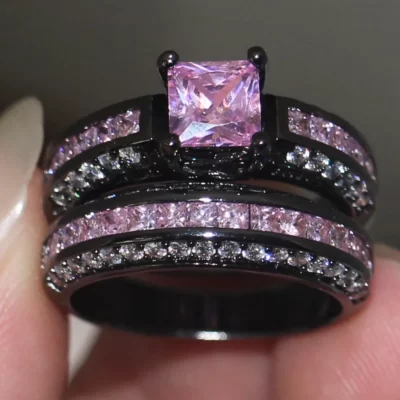 Vintage Hồng Nhẫn Đứng Kim Cương Bộ 10KT Đen Vàng Lấp Đầy Cưới, Ban Nhạc Cho Nữ, Nhẫn Nữ Cô Dâu Bộ LỜI HỨA Trang Sức Dự Tiệc