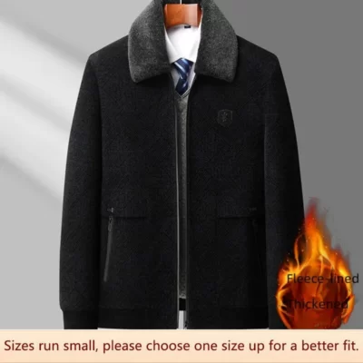 Mùa Đông Ren Định Dày Cổ Lật Áo Khoác Nam Trung Niên Người Cao Tuổi Len Ấm Áp Cashmere Slim Fit Phong Cách Hàn Quốc