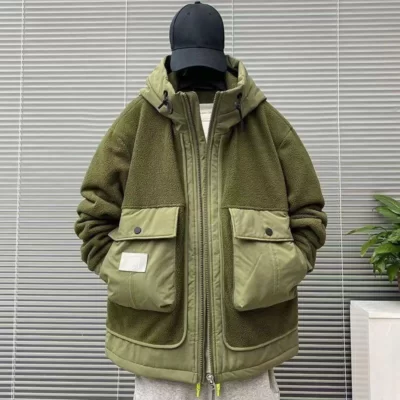 Mùa Đông Áo Khoác Nam Nhật Bản Phong Cách Hàng Hóa Ghép Thịt Cừu Len Dày Parkas Quần Áo Bảo Hộ Lao Động Túi Lớn Đệm Áo Quá Khổ Có Mũ Trùm Đầu hàng Đầu