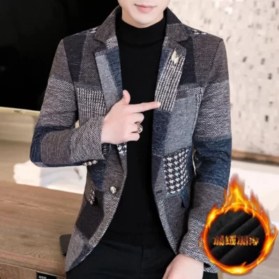 Mùa Đông Mới Nam Phù Hợp Với Áo Cộc Tay Áo Phiên Bản Dày Kẻ Sọc Casual Phù Hợp Với Áo Khoác Áo Khoác Công Sở Chính Thức Mặc Nam Slim Fit Áo Cộc Tay