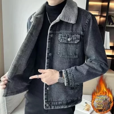 Mùa Đông Nam Mới Áo Khoác Denim Nam Sang Trọng Dày Lông Cừu Cổ Áo Khoác Thường Thiết Kế Lớn Tạo Cảm Giác Lỏng Lẻo Áo Khoác Denim áo Khoác Nam