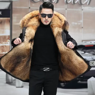 Mùa Đông Áo Khoác Dù Chồn Lót Nam Toàn Bộ Chồn Dài Trung Bình Có Thể Tháo Rời Áo Lông Thú Cáo Lông Dài Dưới Đầu Gối Áo Liền Quần