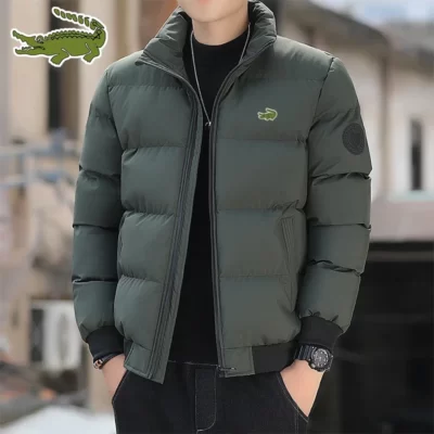 Mùa đông thương hiệu thêu áo khoác nam thời trang màu trơn cổ dày áo khoác cổ đứng lạnh chống cotton áo khoác