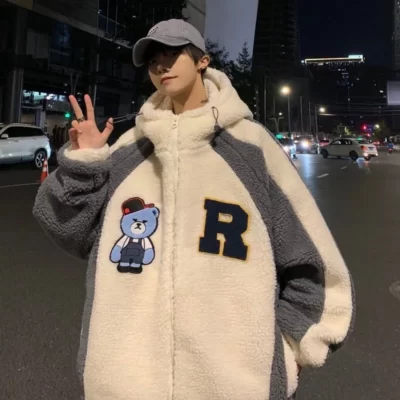 Y2K Thời Trang Mùa Đông Thịt Cừu Cashmere Dây Kéo Nam Đường Phố Xu Hướng Mới Gothic Rời Plus Nhung Đệm Có Mũ Trùm Đầu Hàn Quốc Cặp Đôi Bộ Trang Phục