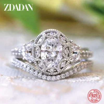ZDADAN Bạc 925 2 Chiếc Nhẫn Đính Đá Zircon Hình Bầu Dục Cho Nữ Trang Sức Thời Trang Dự Tiệc Quà Tặng