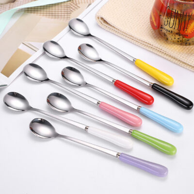 Thìa inox sáng tạo, thìa đá có tay cầm bằng gốm, cốc khuấy có tay cầm dài, thìa cà phê màu kẹo Nhật Bản quà tặng