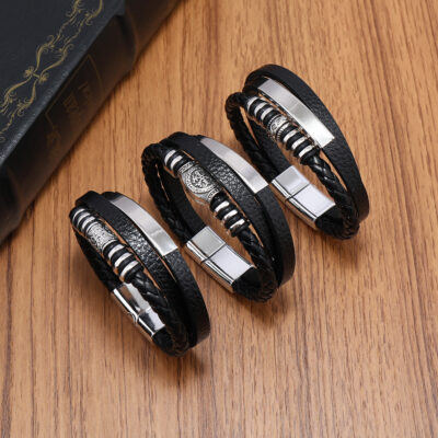 Cung cấp xuyên biên giới châu Âu và Mỹ bán chạy Vòng đeo tay bằng da nam Viking cổ điển bán chạy bằng da nhiều lớp bện nam châm khóa nhà sản xuất vòng tay