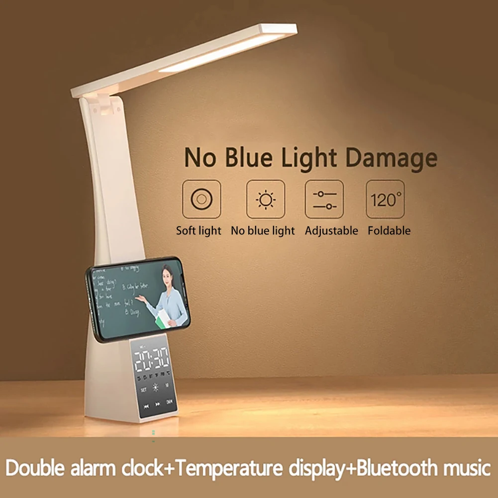 Đèn LED Để Bàn Có Đồng Hồ Báo Thức 3 Màu Nhiệt Độ Vô Cấp Mờ Sạc USB Đèn - DDB-54
