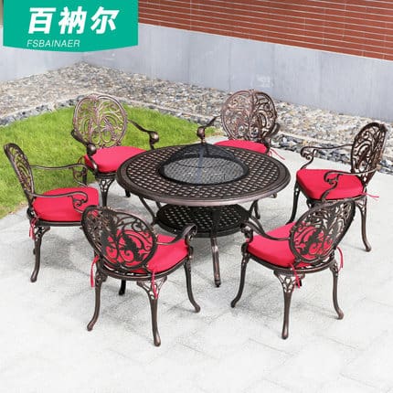 Bàn ghế nhôm đúc ngoài trời kèm bếp nướng ngoài trời bền đẹp, thân thiện môi  BGSV_1180