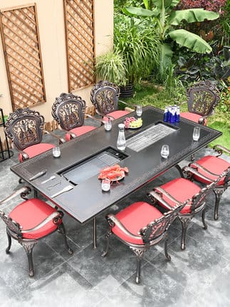 Bàn ghế nhôm đúc kèm bếp nướng nhập khẩu ngoài trời bền đẹp, thân thiện môi t BGSV_1133