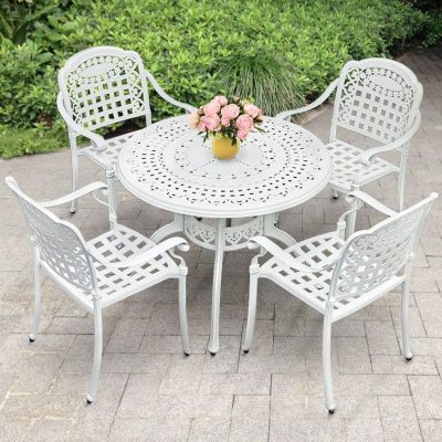 Bàn ghế nhôm đúc ngoài trời màu trắng sân vườn ngoài trời bền đẹp, thân thiện BGSV_1183