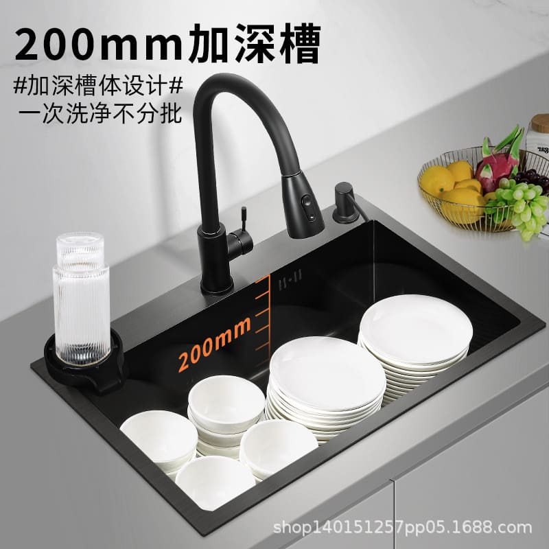 Bồn rửa chén nano inox màu đen lớn bể đơn cao cấp, tiện lợi cho nhà hàng CR-166