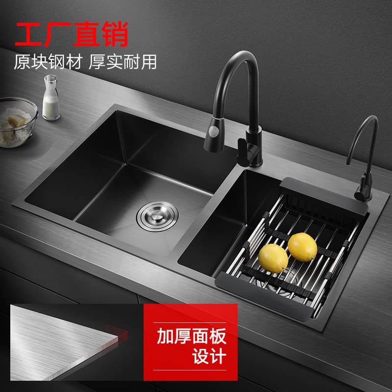 Chậu rửa rau củ màu đen hai khe cắm bồn cao cấp, tiện lợi cho nhà hàng CR-146