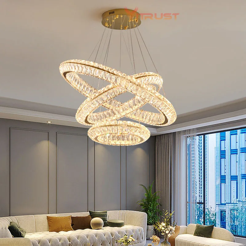 Vòng Đèn Chùm Pha Lê Đèn Led Âm Trần K9 Vàng Cristal Mặt Dây Tròn Treo - DC-760