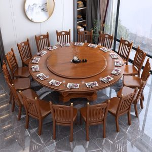 Bàn ăn 12 người bằng gỗ nguyên khối Bàn ăn khách sạn Trung Quốc mới 1,8 mét Bàn tròn lớn bàn xoay gia đình Bàn ăn tròn 12 người - Hình 2