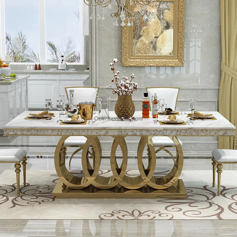Bàn ăn bằng đá cẩm thạch hiện đại Bàn ăn bằng thép không gỉ Golden Mesas De Comedor - Hình 2 Bàn ăn bằng đá cẩm thạch hiện đại Bàn ăn bằng thép không gỉ Golden Mesas De Comedor - Hình 2