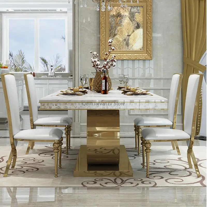 Bàn ăn bằng đá cẩm thạch hiện đại Bàn ăn bằng thép không gỉ Golden Mesas De Comedor Bàn ăn bằng đá cẩm thạch hiện đại Bàn ăn bằng thép không gỉ Golden Mesas De Comedor