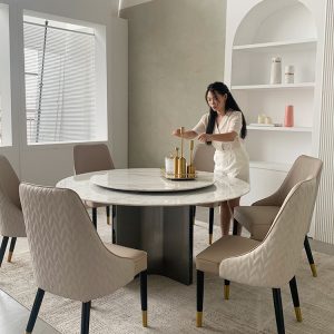 Bàn ăn bằng đá cẩm thạch Phong cách Ý ánh sáng sang trọng đơn giản bằng thép không gỉ phòng khách nhà gia đình bàn tròn đơn giản với bàn xoay - Hình 3
