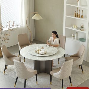 Bàn ăn bằng đá cẩm thạch Phong cách Ý ánh sáng sang trọng đơn giản bằng thép không gỉ phòng khách nhà gia đình bàn tròn đơn giản với bàn xoay - Hình 4
